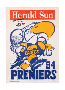 WEG: Original 1994 West Coast Eagles Premiers poster, signed by WEG with dedication "To the EAGLES from WEG '94"; condition excellent.