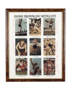 SWANS BROWNLOW MEDALLISTS: Framed and glazed photo display signed in the margins by Fred Goldsmith, Bob Skilton, Peter Bedford, Graham Teasdale, Gerard Healy, Barry Round, and Greg Williams; 55 x 44cm overall.
