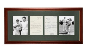 219 · A framed presentation featuring two photographs depicting Clarrie Grimmett instructing young Keith Stackpole in the art of leg-spin bowling, accompanied by two original letters, the first dated August 5th 1963 to Clarrie Grimmett, written and signed by Bill Lawry, requesting his involvement in lending his experience and coaching to a young cricketer "who could well be another Clarrie Grimmett". The second letter dated August 26th 1963 is written by Keith Stackpole and addressed to Clarrie Grimme