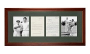 A framed presentation featuring two photographs depicting Clarrie Grimmett instructing young Keith Stackpole in the art of leg-spin bowling, accompanied by two original letters, the first dated August 5th 1963 to Clarrie Grimmett, written and signed by Bi