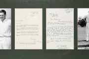 A framed presentation featuring two photographs depicting Clarrie Grimmett instructing young Keith Stackpole in the art of leg-spin bowling, accompanied by two original letters, the first dated August 5th 1963 to Clarrie Grimmett, written and signed by Bi - 2