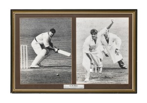 239 · KEITH MILLER: Display comprising two photographs showing Miller alternately batting and bowling, both featuring his signature in pen; framed and glazed, 36.5 x 54cm overall.