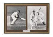 KEITH MILLER: Display comprising two photographs showing Miller alternately batting and bowling, both featuring his signature in pen; framed and glazed, 36.5 x 54cm overall.
