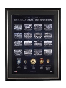 CARLTON FOOTBALL CLUB - DECORATIONS OF DISTINCTION: Limited edition (79/500), framed display featuring replica Coleman, Brownlow, Premiership, Norm Smith and John Nicholls medals. 85 x 65cm overall.