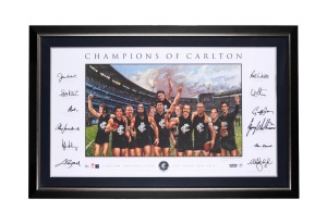 "CHAMPIONS OF CARLTON" 2014 print by Dave Thomas, with twelve original signatures including those of John Nicholls, Stephen Kernahan, Bruce Doull, Alex Jesaulenko, and Greg Williams; limited edition #19/150, CoA present, window mounted, framed and glazed, overall 70 x 108cm.
