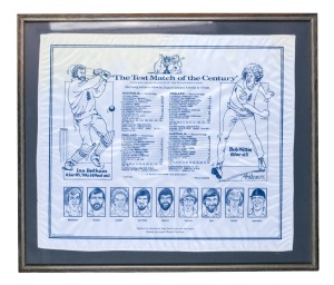 "The Test Match of the Century" (Headingley, July 1981) souvenir illustrated silk scorecard recording the remarkable win by England, who defeated Australia by eighteen runs after being forced to follow on; attractively framed and glazed; 55.5 x 63.5cm overall.