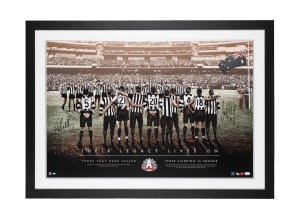 Collingwood Football Club memorial print titled "Their Legacy Lives On", produced for the centenary of ANZAC 2015, signed by Nathan Buckley and Scott Pendlebury; number 19 of only 100 produced, with CoA verso, 76.5 x 107cm overall.