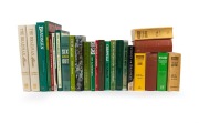 A shelf of books including Wisden Cricketers' Almanacks for 1967 (h/c), 1974 (h/c), 1975, 1979, 1996 and 1999 (h/c), The Bradman Albums, plus others. (25 vols.)