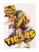 A folio of c. 1980s posters, all being the artwork of artist JOE GREENBERG, including a "Lions" footballer (2 examples), an "Eagles" footballer, a "Tigers" footballer, an "Evonne Cawley", and an "Old Easts" footballer (2 examples). (7 items)
