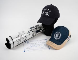 ANTHONY KOUTOUFIDES: Laminated WEG 1995 Premiers poster signed by Koutoufides, together with two signed Carlton caps, one with CoA. (3 items)