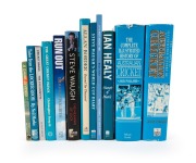 Group of twelve books on cricket, published in years spanning the 1970s to 2010s, all signed by their respective authors with dedications to Ian McDonald, including 1993 "Beyond Ten Thousand - Allan Border: My Life Story", 1996 "Steve Waugh's World Cup Di