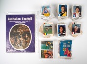 SCANLENS "FOOTBALLERS": Group comprising 1975 part-set [102/132] with 7 checklists and 31 duplicates, 1981 part-set [120/168] with 2 checklists, wax wrapper, and 44 duplicates, and 2024 AFL Team Coach "Scanlens" die-cuts complete set [72], plus two other 