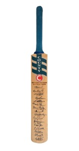 2000-20001 WEST INDIES: Full-size "County" cricket bat inscribed with player names and title "West Indies Tour Squad - Australia 2000/01", bearing sixteen original signatures, including those of Courtney Walsh, Brian Lara, Jimmy Adams, and Sherwin Campbell, among others.