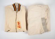 A pair of Clarrie Grimmett's pure wool cricket flannel trousers, circa early 1930s, with "Selfixo" label to rear waistband (this may have been a spare pair as they show no signs of wear or tear), together with his warm-up jacket, apparently unworn, produc