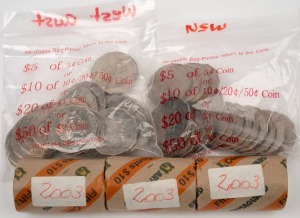 2003 Fifty Cents Volunteers: three complete Armaguard Security Rolls; together with bags of Fifty Cents 2001 Western Australia (20 coins) and New South Wales (20).