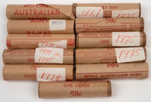 ONE CENT RAM ROLLS: 1970 (2), 1974 (1), 1975 (5), 1982 (1) and two which are labelled 1974 or 1975. (Total: 11 complete rolls).