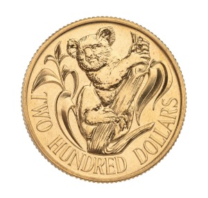 TWO HUNDRED DOLLARS, 1983 $200 gold Koala, uncirculated, in blue plastic folder of issue.