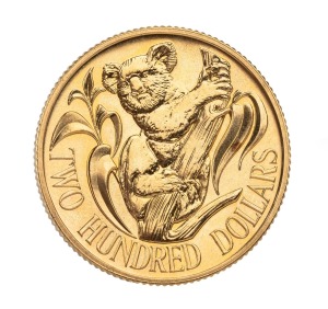 TWO HUNDRED DOLLARS, 1983 $200 gold Koala, uncirculated, in blue plastic folder of issue.