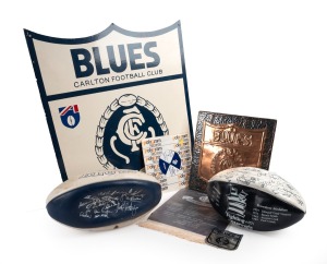 CARLTON: Group of commemorative items including 50 x 45cm club crest on board, 7" record, Avco football with printed signatures, and others, plus Geelong Sherrin football. (7 items)