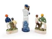 Three early Staffordshire-style figurines, comprising two different models of a man and woman at the wicket (both approx. 16.5cm tall), together with a larger figurine (height 24cm) of a young man in cricket whites holding his bat at the ready. (3 items) - 2