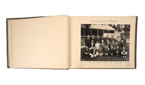 A superb leather-bound album recording the Alex. Cowan & Sons Ltd Annual Picnic and Social Day at Frankston, 28th March, 1925. The superbly annotated photographs include the Tug-o-War teams, the Married Ladies Race, the Cricket teams, the Men's Cowans' Handicap Race, the Girls Race, the Old Buffers' Race, and the Committee and Officials, with most personalities named. (29 photographs, a printed programme, identity tag and Committee leather tag). Overall 23 x 29.5cm.