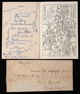 The official Australian Board of Control for International Cricket Matches AUSTRALIAN TEAM, 1948 programme, detailing the team members, their itinerary, match programme and other functions,with 19 pen signatures to the back page and back cover; including Don Bradman, Sid Barnes, Lindsay Hassett, Sam Loxton, Ray Lindwall, Keith Miller, Doug Ring, Ian Johnson, and Keith Johnson, who has also written and signed a short note (dated March 1951) which he sent to the recipient of the signed booklet.