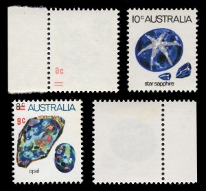 1974 (SG.552aae) 10c Star Sapphire "Printed on the gummed side" (with normal for comparison); together with 1974 (SG.579 var.) 9c on 8c Opal with "Complete offset of surcharge" MUH (with normal for comparison). (4) MUH. BW:646ca & 648ci.