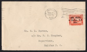 CANADA - Newfoundland: November 1921 use of 35c AIR MAIL Overprint (SG.148) on first flight cover from ST. JOHNS to HALIFAX.