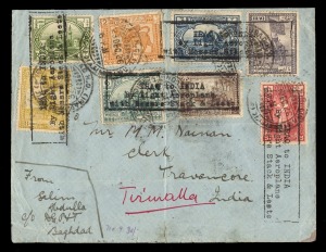 IRAQ: 1926 (Dec. 21) flown cover from Baghdad to Travancore (redirected to Tiruvallur) franked with 8 adhesives all tied by framed ''IRAQ to INDIA/By Light Aeroplane/with Messrs Stack & Leete'' cachets; and Baghdad H.O. bilingual double ring c.d.s., arriv