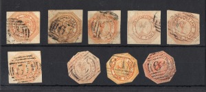 TASMANIA: 1853-54 4d Orange "Couriers", various shades and printings, (9, of which 6 are cut square and 3 are cut-to-shape) Used. Cat.&pound;3500 approx.