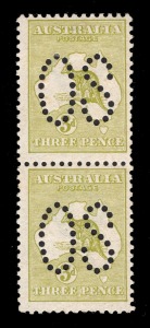 3d Olive-Green, vertical pair perforated Large OS; the upper unit being Die 2, the lower unit being Die 1, (Die 2 *, Die 1**). Cat.$3250; cpl feint gum tones mentioned for accuracy.