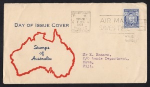 2 August 1937 First Day Cover with 3d blue KGVI "White Wattles" tied by BRISBANE roller cancel; addressed to FIJI.