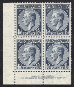 1952 (SG.252) 1/0&frac12; King George VI, Authority Imprint blk.(4) on THIN PAPER. BW:259a - unpriced as an Imprint block. MUH.