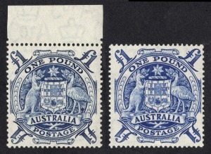 1949 (SG.224c) &pound;1 blue Arms, marginal MLH single on THIN PAPER; together with another example on ordinary paper. (2). BW: 270a - $1250 for Mint.