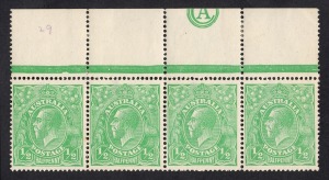 KGV Heads - Single Watermark: &frac12;d Emerald, strip of four from the top of the pane, unusually with large part CA MONOGRAM (from the pane above!); the stamps MUH; one tone spot.