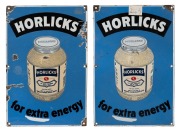 "HORLICKS For Extra Energy", two vintage enamel advertising signs, 46 x 30cm each overall.