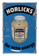 "HORLICKS For Extra Energy", two vintage enamel advertising signs, 46 x 30cm each overall. - 2
