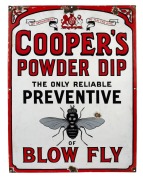 "COOPER'S POWER DIP, The Only Reliable Preventive Of Blow Fly" attractive vintage enamel sign with Royal coat of arms "By Appointment To H.M The King", 67 x 51cm.