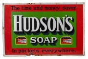"HUDSON'S SOAP, The Time And Money Saver, In Packs Everywhere" vintage enamel advertising sign, 61 x 92cm.