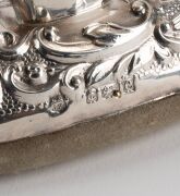 A fine quality antique English brass bound kingwood dressing table box fitted with original sterling silver topped crystal bottles and an assortment of sterling silver accessories, original plush green velvet interior with original Bramah lock and key, ea - 5