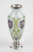 A fine American Art Nouveau sterling silver bud vase, adorned with engine turned guilloche enamel decoration with a repeating crocus motif, early 20th century, stamped "STERLING", 14cm high. - 4