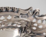 A fine quality Dutch silver bonbon dish with cast and pierced decoration together with two pierced silver dishes, a silver ink stand plus a silver plated salver made by Hardy Bros, (5 items). - 2