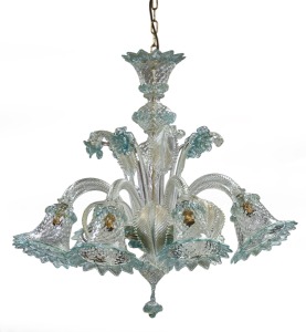 An eight branch blue Murano glass chandelier with gold foil inclusions, ​​​​​​​100cm high, 80cm wide.