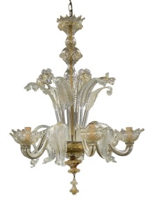 A six branch Murano glass chandelier with gold foil inclusions, 100cm high, 80cm wide.