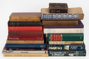 ENGLISH ROYALTY: A shelf of books including "Queen Victoria 1819 - 1901" by Holmes," [1901], "Famous Morganatic Marriages" by Kingston, [1919], "The Silver Jubilee Book," [1935], "The Princess Elizabeth Gift Book" [1935], "Royal London" [1935], "Royal Alb