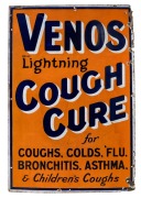"VENOS LIGHTNING COUGH CURWE" vintage enamel advertising sign, 76 x 50cm.