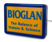 "BIOGLAN - THE BALANCE OF NATURE & SCIENCE" wall mounted light box advertising sign, 34cm high, 46cm wide, 9cm deep.
