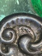 A sterling silver shell shaped dish, a Continental silver spoon, a Continental silver lidded box with rose decoration, a silver plated torah pointer (yad), a silver plated filigree spice box and a green Murano glass dish with silver mount, 19th and 20th c - 3