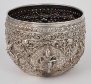 An antique Burmese silver bowl with repousse vignettes and floral decoration, 19th/20th century, 11cm high, 15cm wide, 442 grams. - 3
