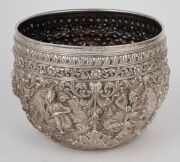 An antique Burmese silver bowl with repousse vignettes and floral decoration, 19th/20th century, 11cm high, 15cm wide, 442 grams. - 6